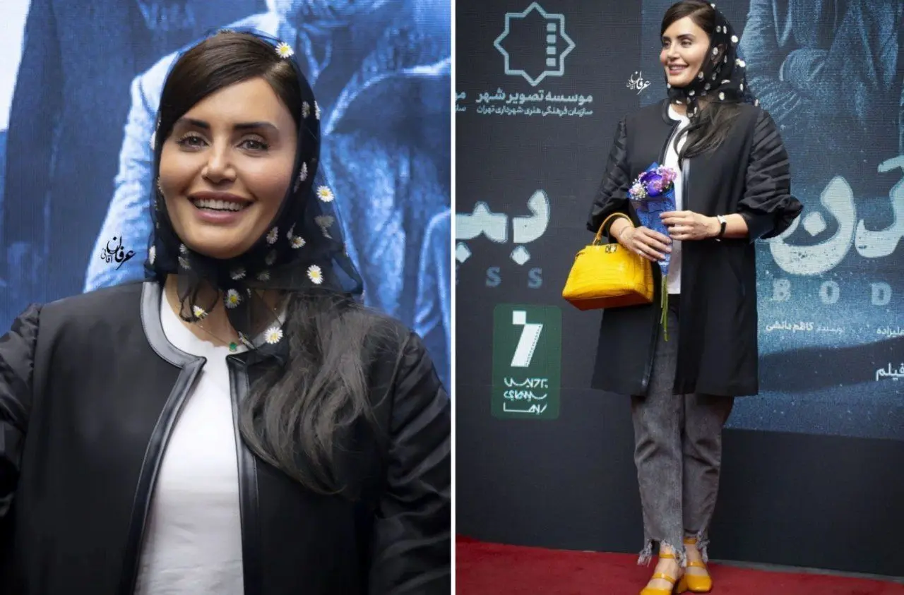 الناز شاکردوست با مد ۱۴۰۳ روی فرش قرمز/ ترکیب مینی‌اسکارف، کیف پرتقالی و پاشنه بلند
